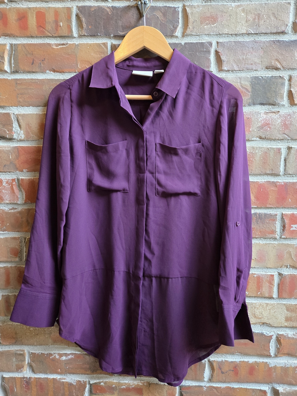 Chico's Deep Plum Casual Button-Down Shirt Slinky Lightweight Layering